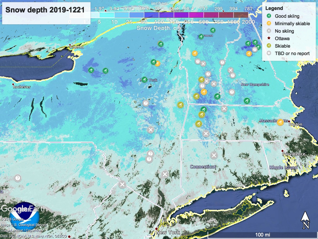 Snow depth in northeast US 2019-1221, with ski touring centers