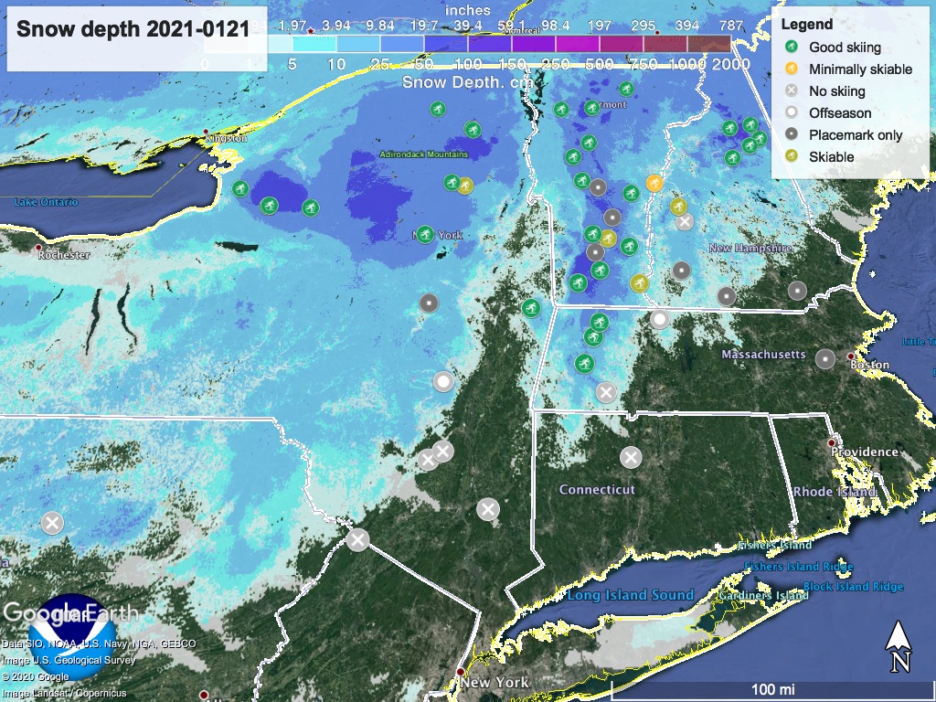 Snow depth northeast US, Jan. 21 2021