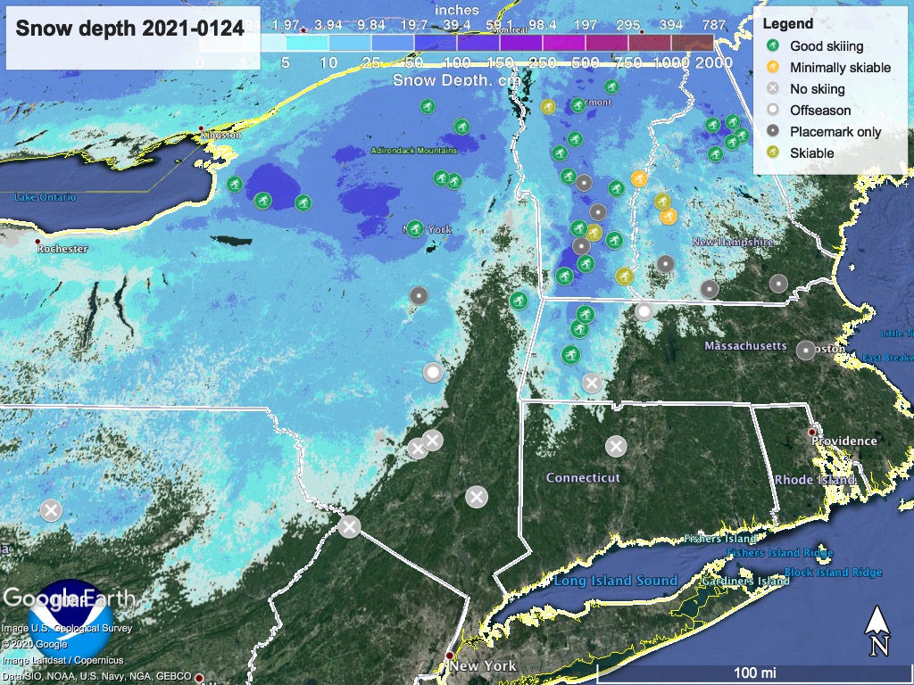 Snow depth northeast US, Jan. 7 2021 (NWS) , with ski centers marked