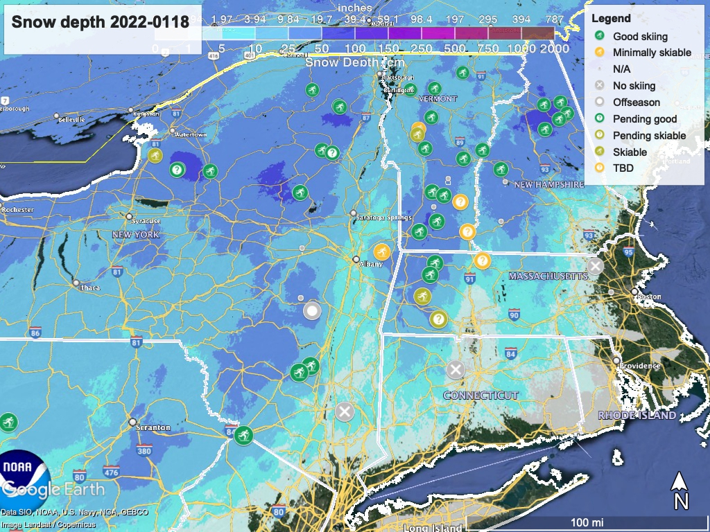 Snow depth northeast US, Jan. 18 2022 (NWS) , with ski centers marked