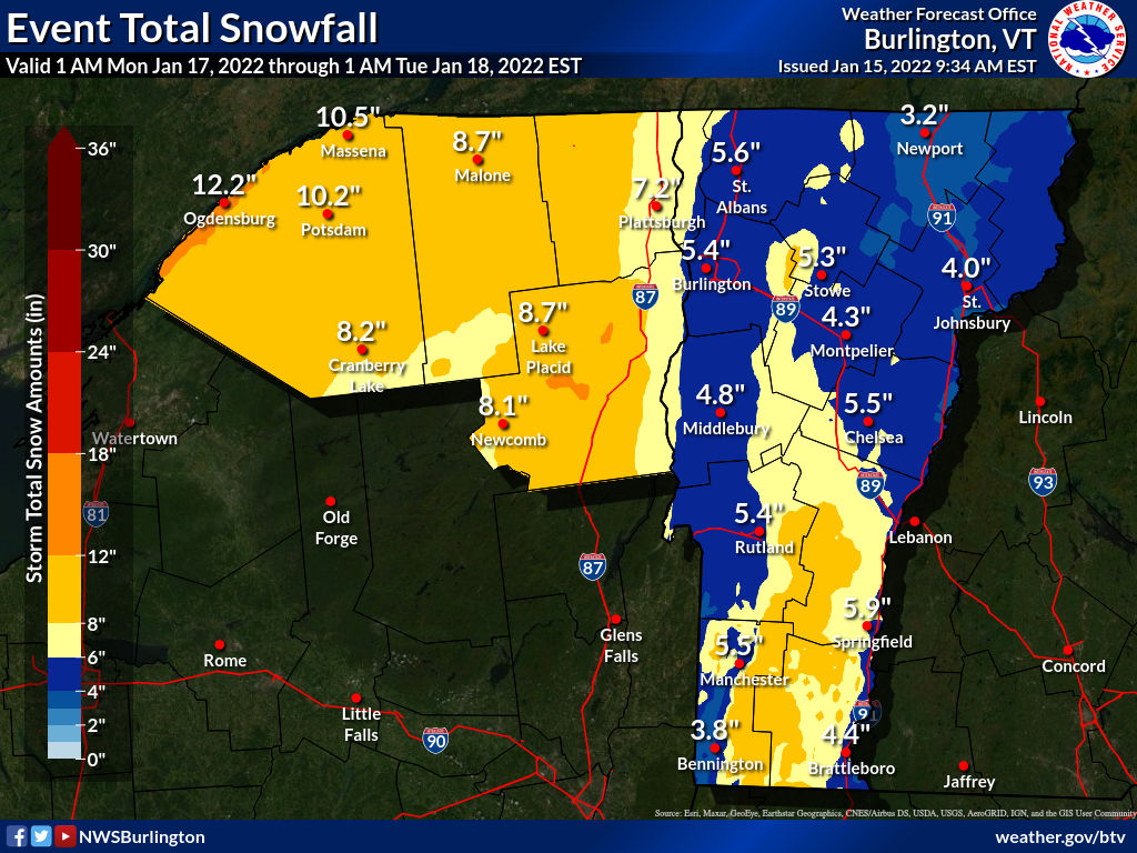 NWS probabilistic snowfall Jan. 17- Jan. 18, northern New York and Vermont