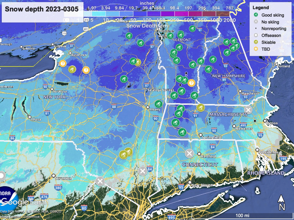 Snow depth northeast US, Mar. 5, 2023 (NWS) , with ski centers marked