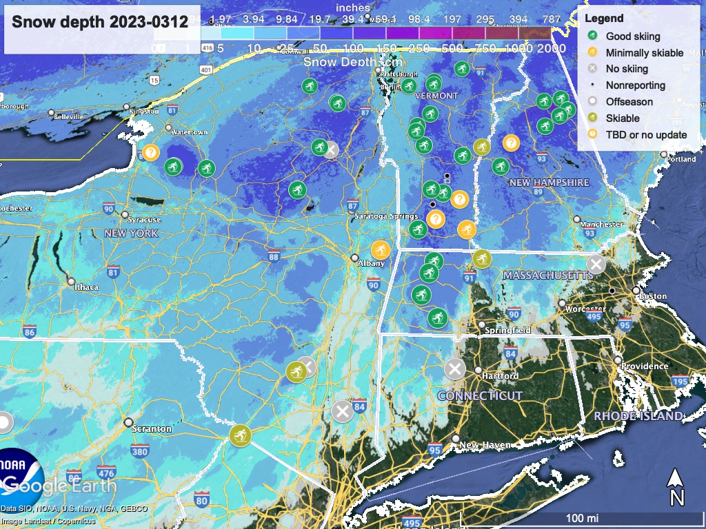 Snow depth northeast US, Mar. 12, 2023 (NWS) , with ski centers marked