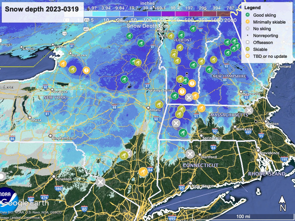 Snow depth northeast US, Mar 19, 2023 (NWS) , with ski centers marked