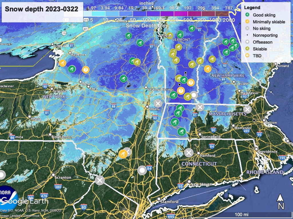 Snow depth northeast US, Mar 22, 2023 (NWS) , with ski centers marked